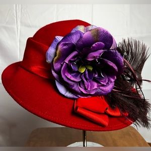 Vintage: Red Hat Society - Red hat with Purple feathers